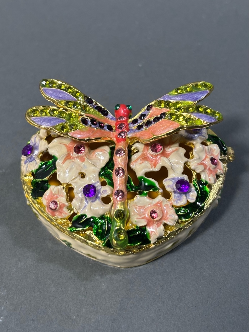 Floral Dragonfly Trinket Box - Pink & Green Enamel Accent